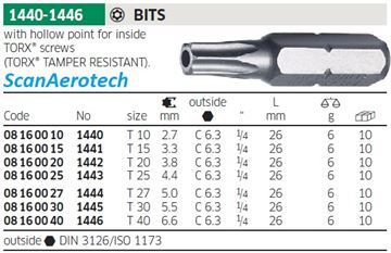 T10 with hollow point for inside torx (BAG OF 10EA)